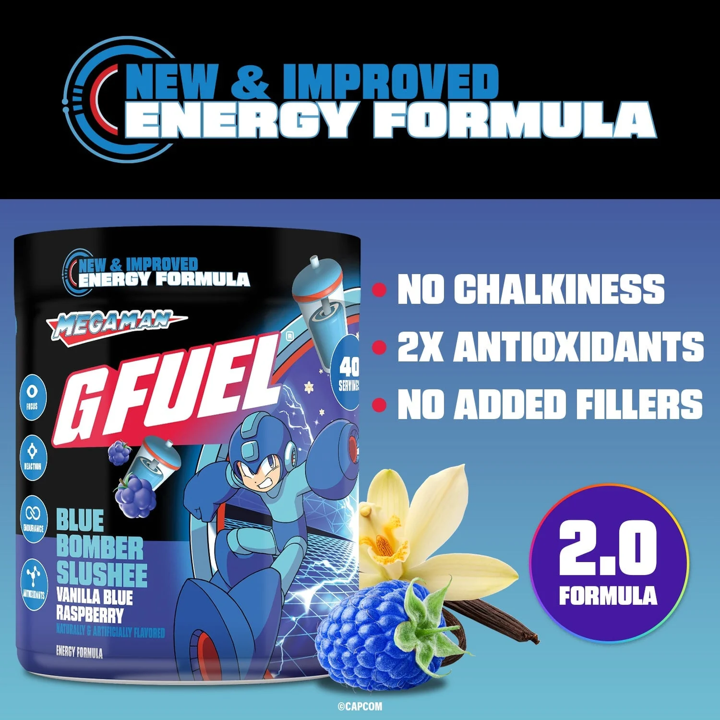 G Fuel Blue Bomber Slush 2.0 Tub - 40 Servings - Mega Man